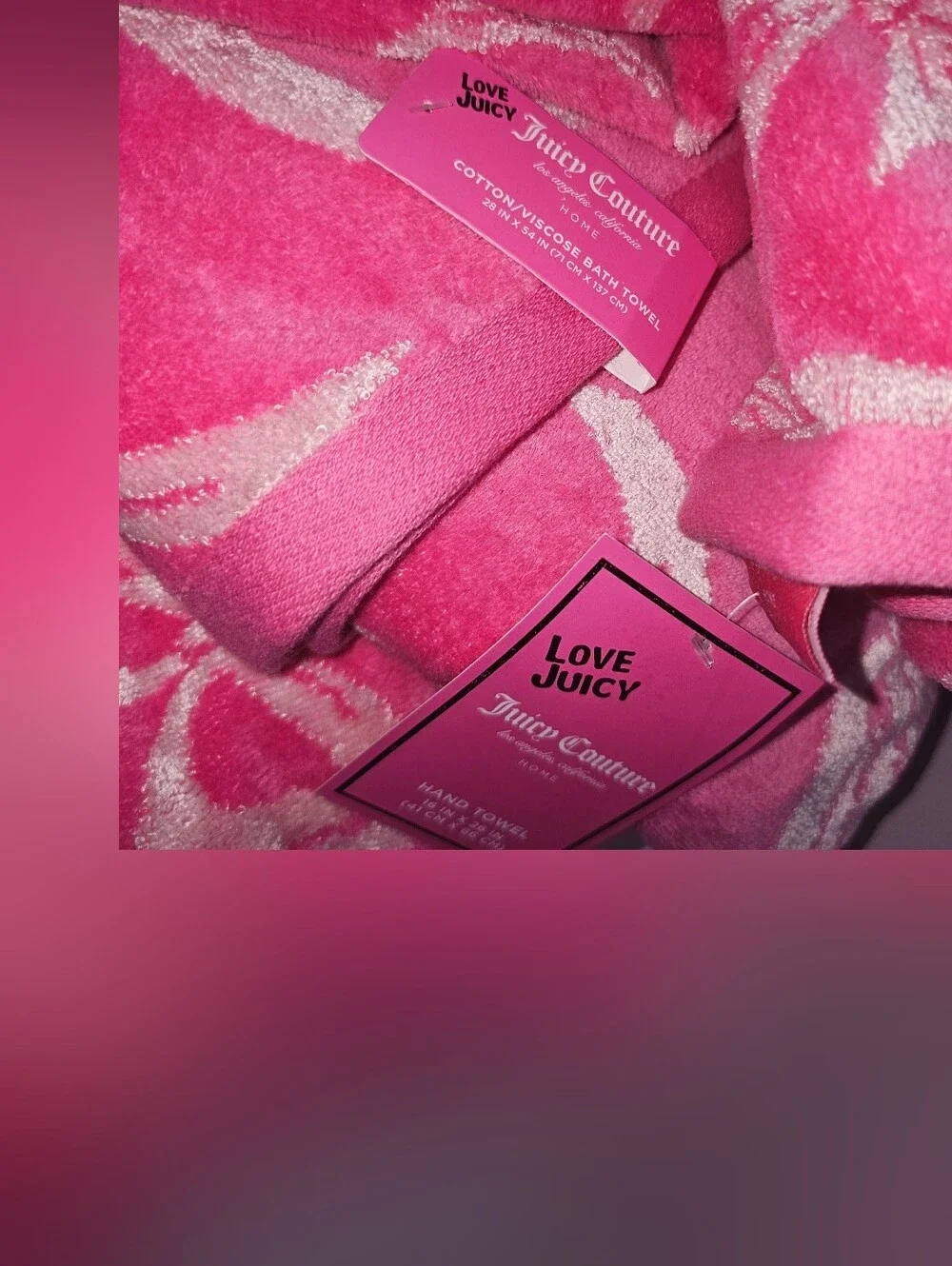 NWT! Juicy Couture 4 Piece Vibrant Pink Bath & Hand Towel Set! JC BOWS & LIPS
